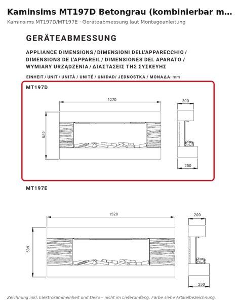 Kaminsims MT197D Betongrau (kombinierbar mit EF197A)