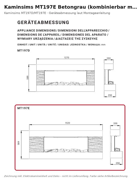 Fireplace mantel MT197E concrete grey (compatible with EF197A)
