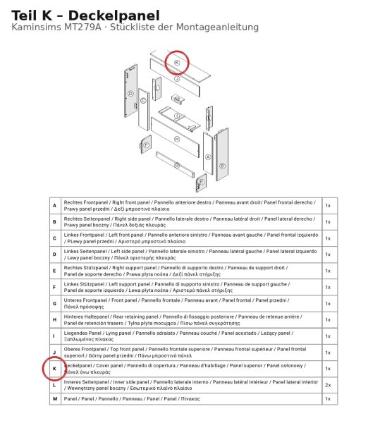 Deckelpanel K zu Kaminsims MT279A neue Version