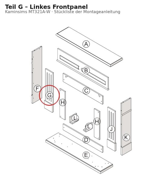 Left Front Panel G for Fireplace Mantel MT321A-W, White