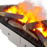 BALDERIA Ikaros Wassernebel-Kamin flach – Nahaufnahme Flammeneffekt mit Holzscheiten