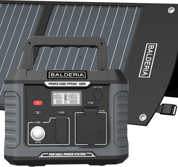 BALDERIA Power Set, portable power station 500W with foldable solar panel 60W