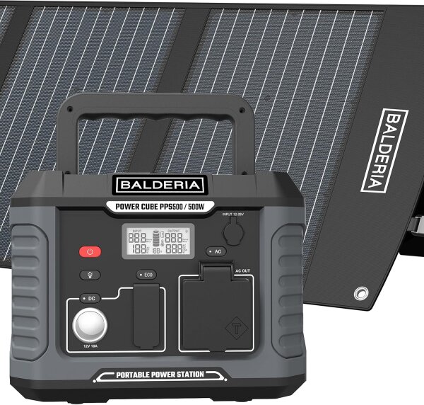 BALDERIA Power Set, tragbare Powerstation 500W mit faltbarem Solarpanel 120W
