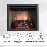 BALDERIA Calida Elektro-Einbaukamin – Frontansicht mit Funktionssymbolen