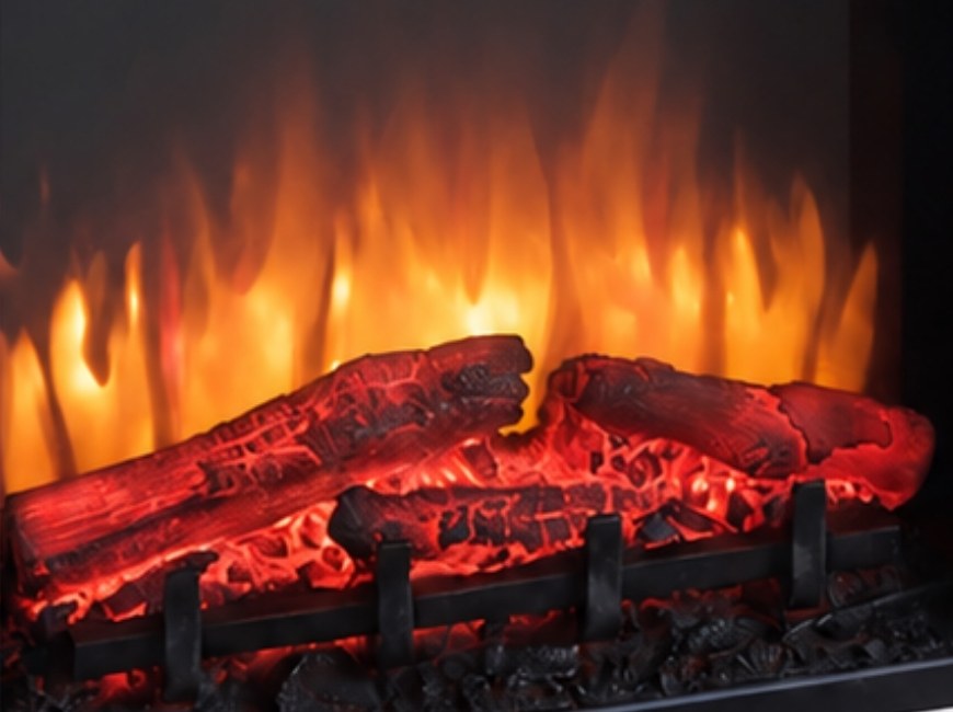 Nahaufnahme 3D-Flammeneffekt mit Holz- und Glutdarstellung eines BALDERIA Elektrokamins